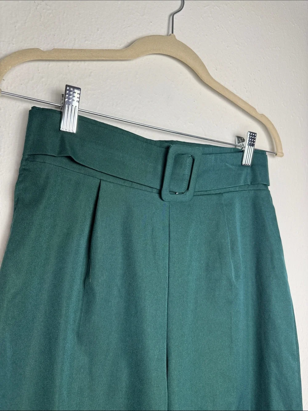 Stretchy High-Waist Wide Leg Green Trousers with Belt